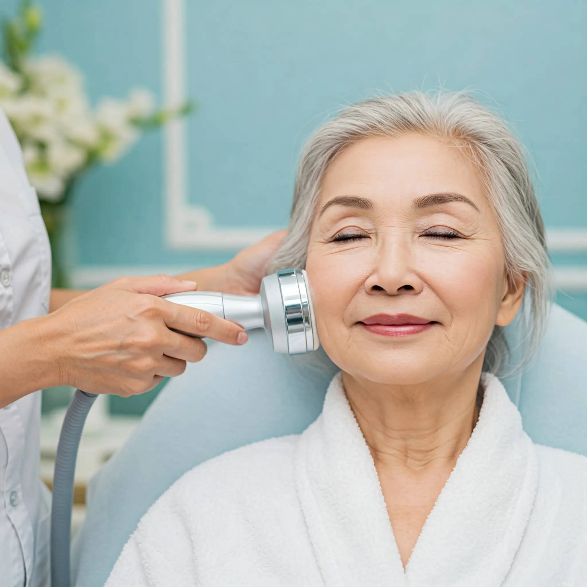 Older woman in white robe gets facial treatment with handheld device at spa.