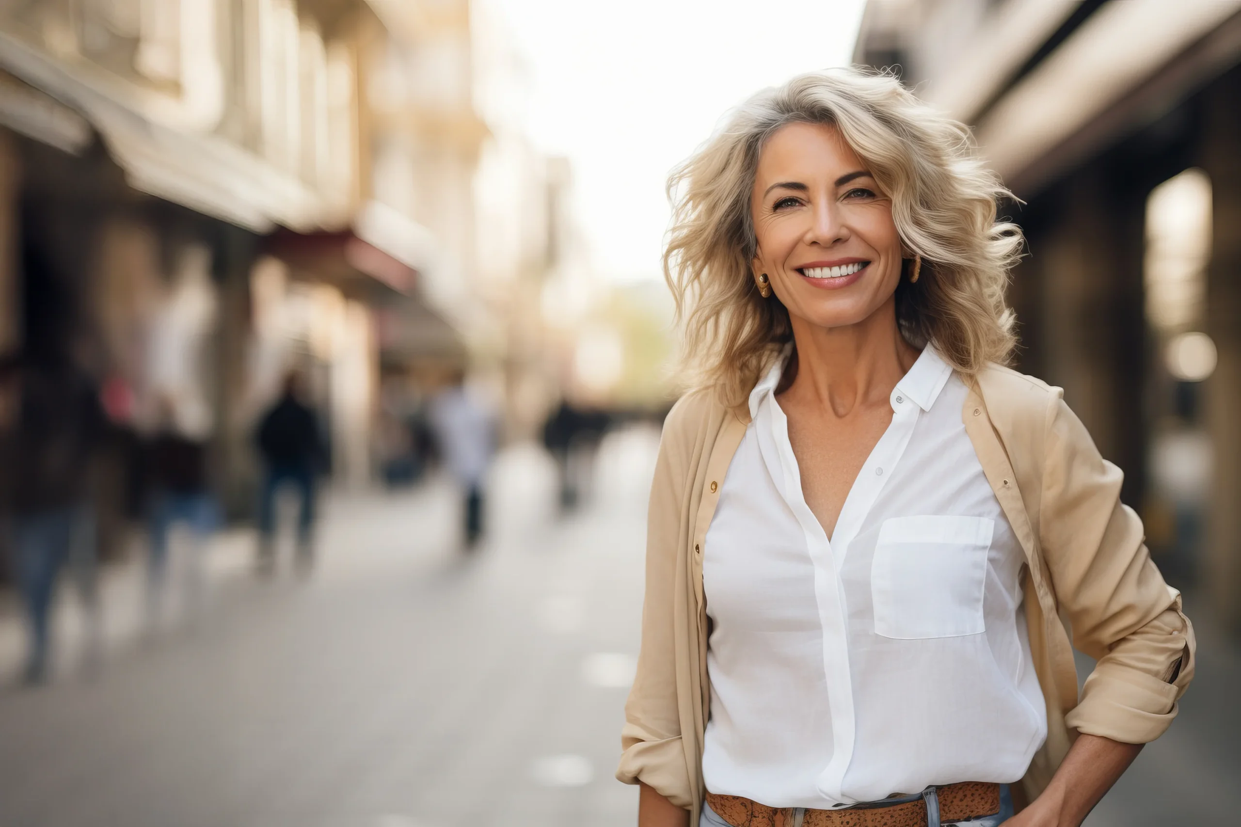 Smiling woman with wavy blonde hair stands on a sunny city street.
